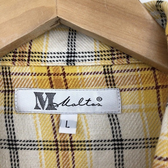 Maltos Men’s Button Up Shirt Size L Plaid Linen Rayon Blend Short Sleeve Yellow - Picture 7 of 12